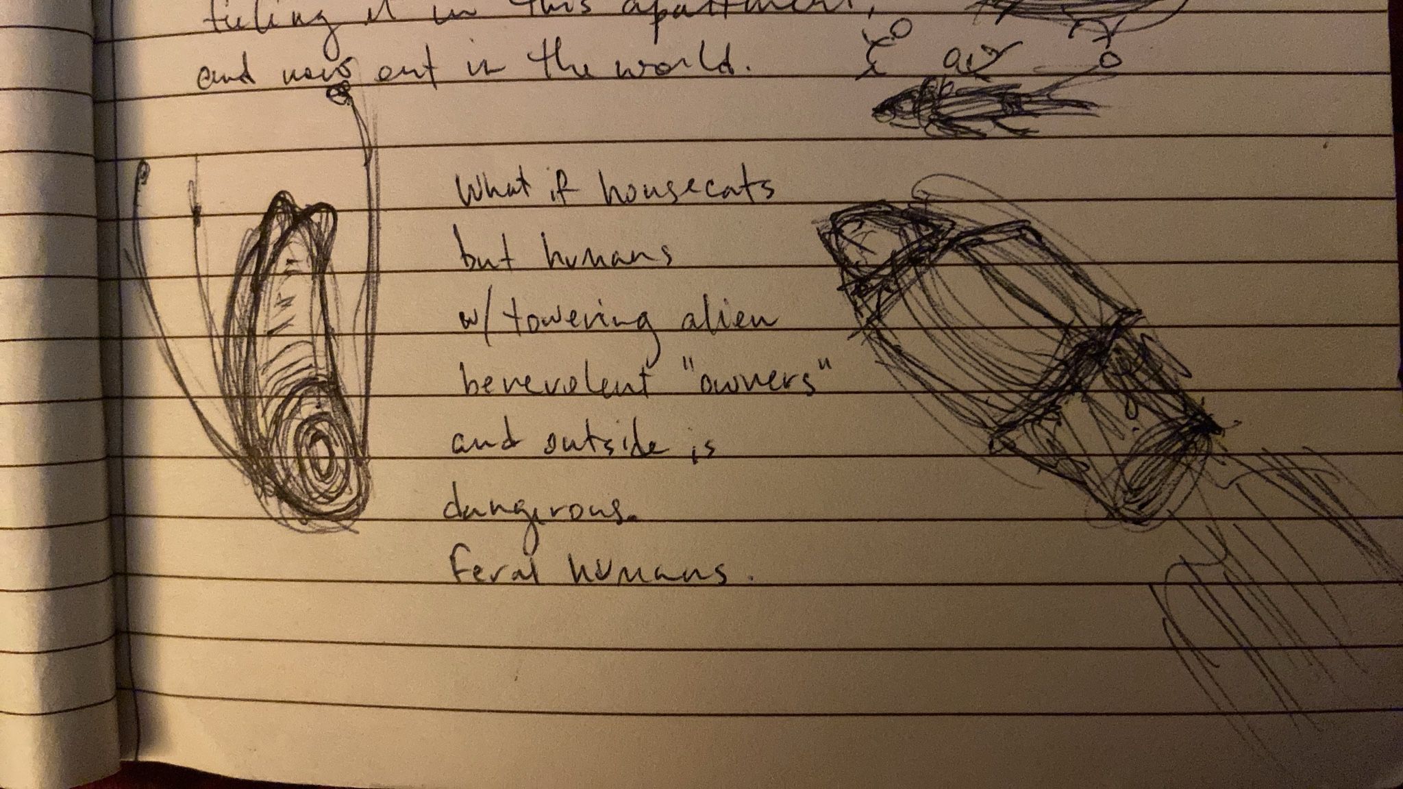 What if housecats but humans w/towering alien benevolent 